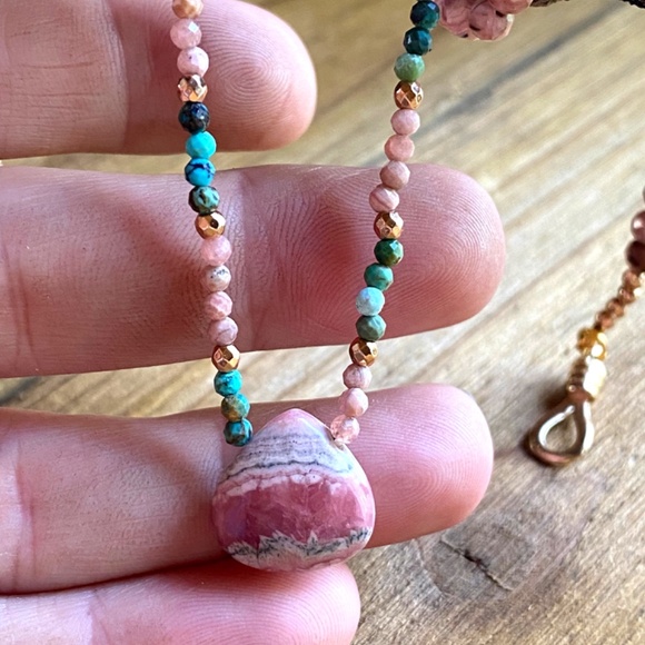 Genuine Rhodochrosite with Natural Turquoise Necklace 18K Plated Gold - Picture 5 of 10